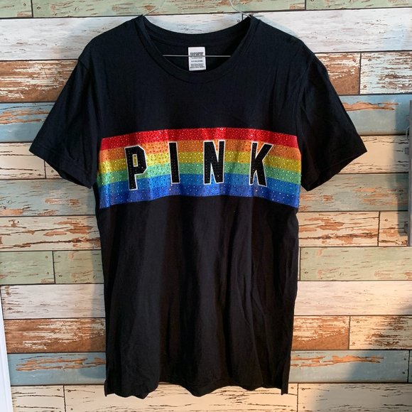 PINK Victoria's Secret Tops - VS PINK Black/Rainbow Tee/Tshirt Sz S